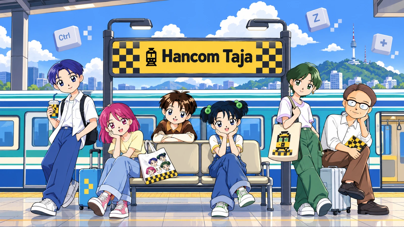 Hancom Tajaのキャラクターとレトロな列車を描いた紹介用イラスト(AI生成)