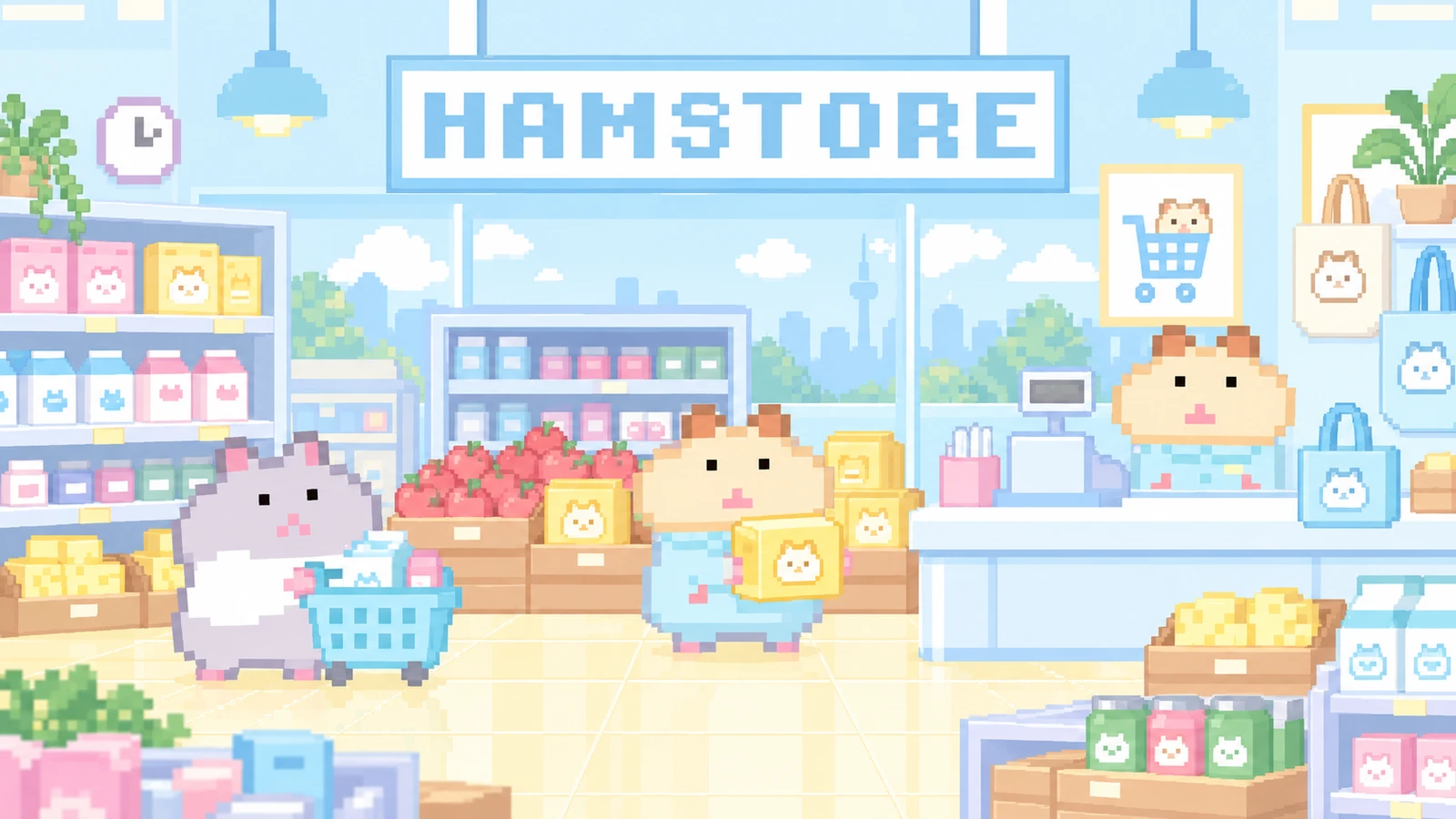 マンマのHAMSTOREをテーマにした横長のピクセルアート(AI生成)