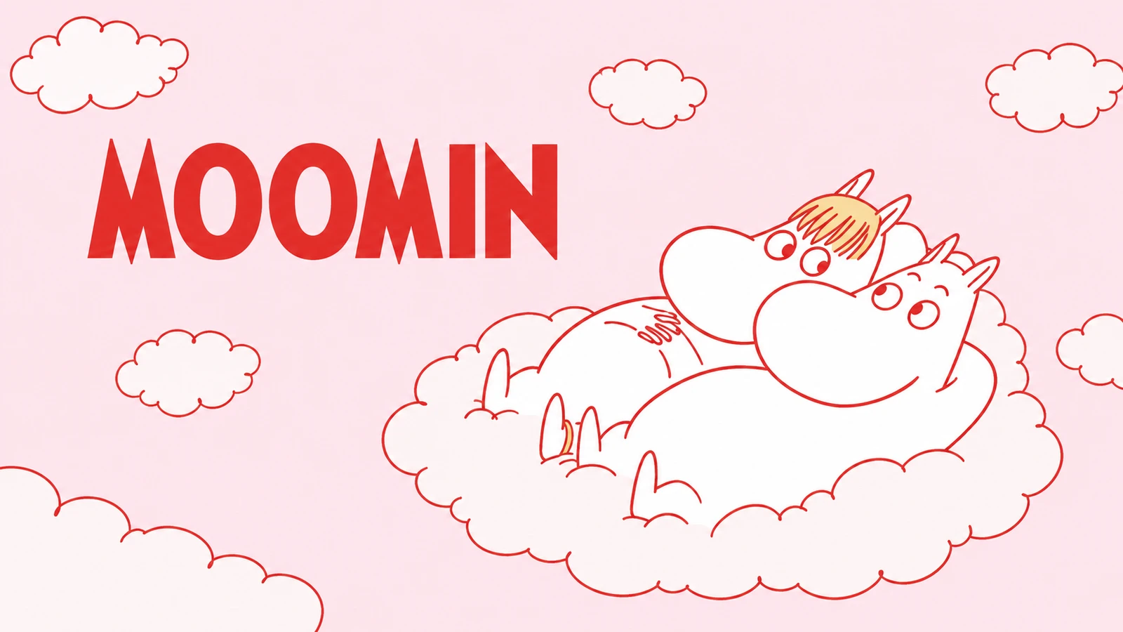 ピンクの空と雲にくつろぐムーミンたちの紹介用イラスト(AI生成)