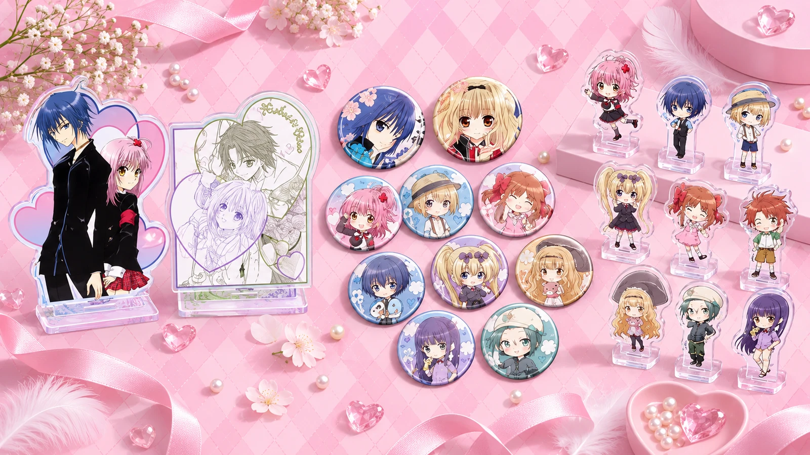 しゅごキャラ!のアクリルスタンドとバッジをテーマにした紹介用イメージ(AI生成)