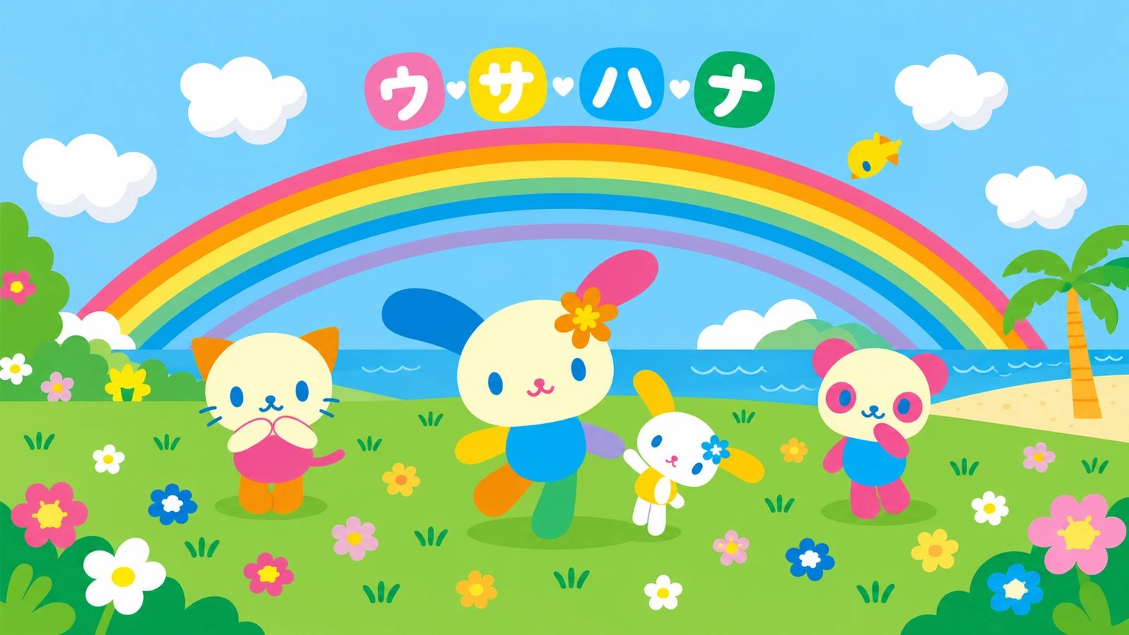 虹と草原で遊ぶウサハナと仲間たちの紹介用イラスト(AI生成)