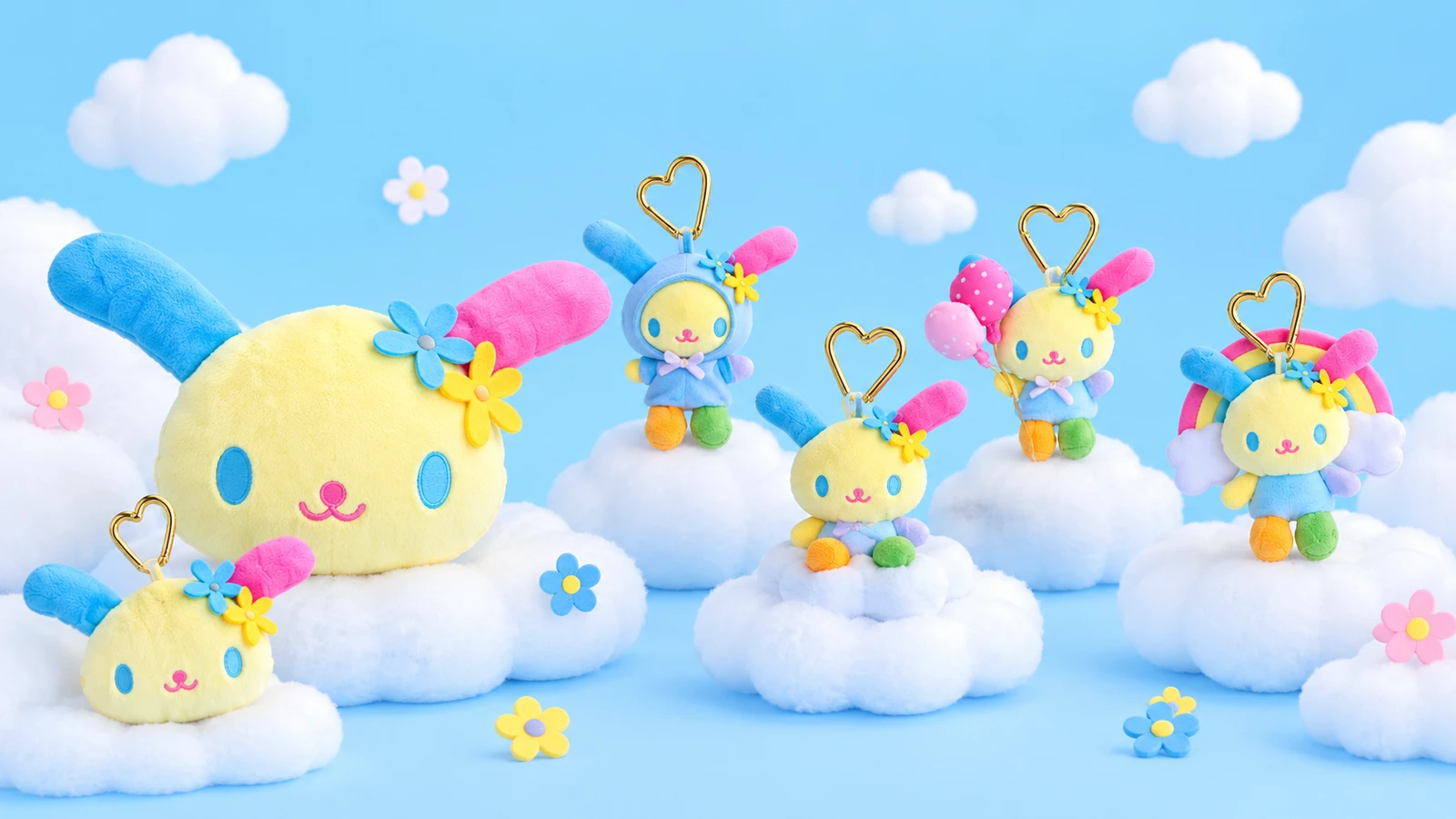 ウサハナのクッションとぬいぐるみキーホルダーをテーマにした紹介用イメージ(AI生成)