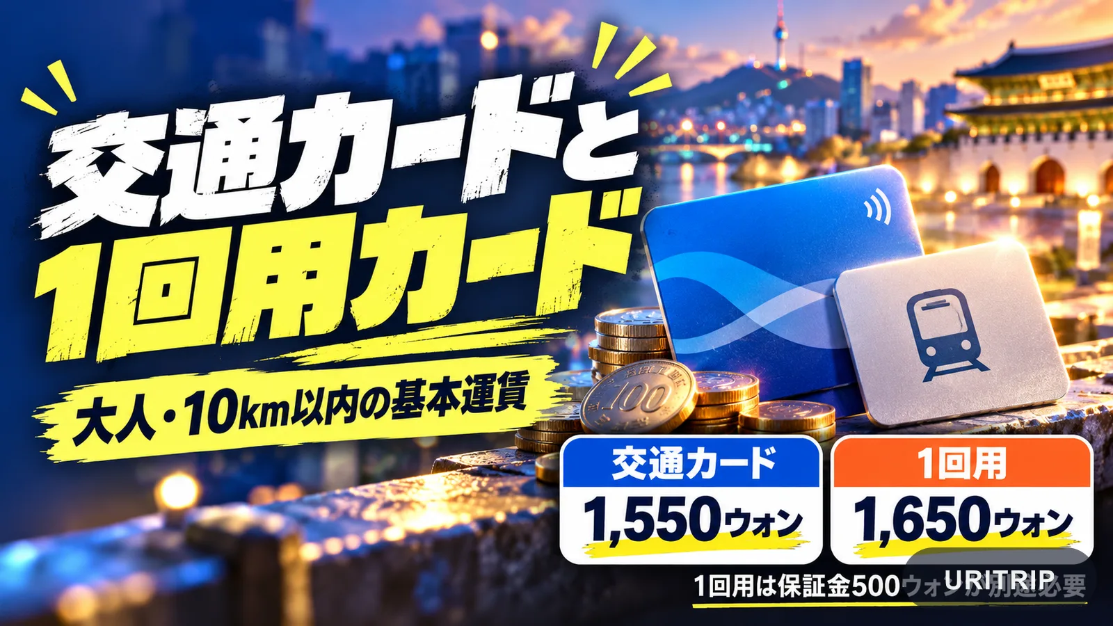 大人の基本運賃を交通カード1,550ウォンと1回用1,650ウォンで比較し、保証金500ウォンを案内する画像