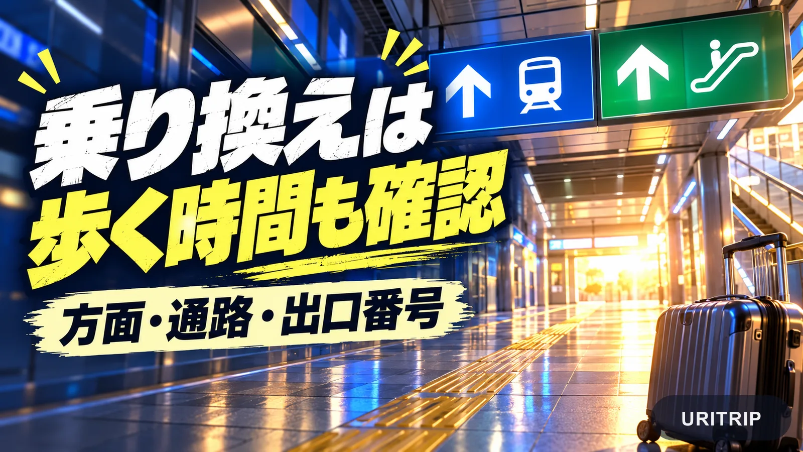 スーツケースと奥行きのある地下鉄通路を描き、乗り換えの徒歩時間と方面・通路・出口番号の確認を促す画像