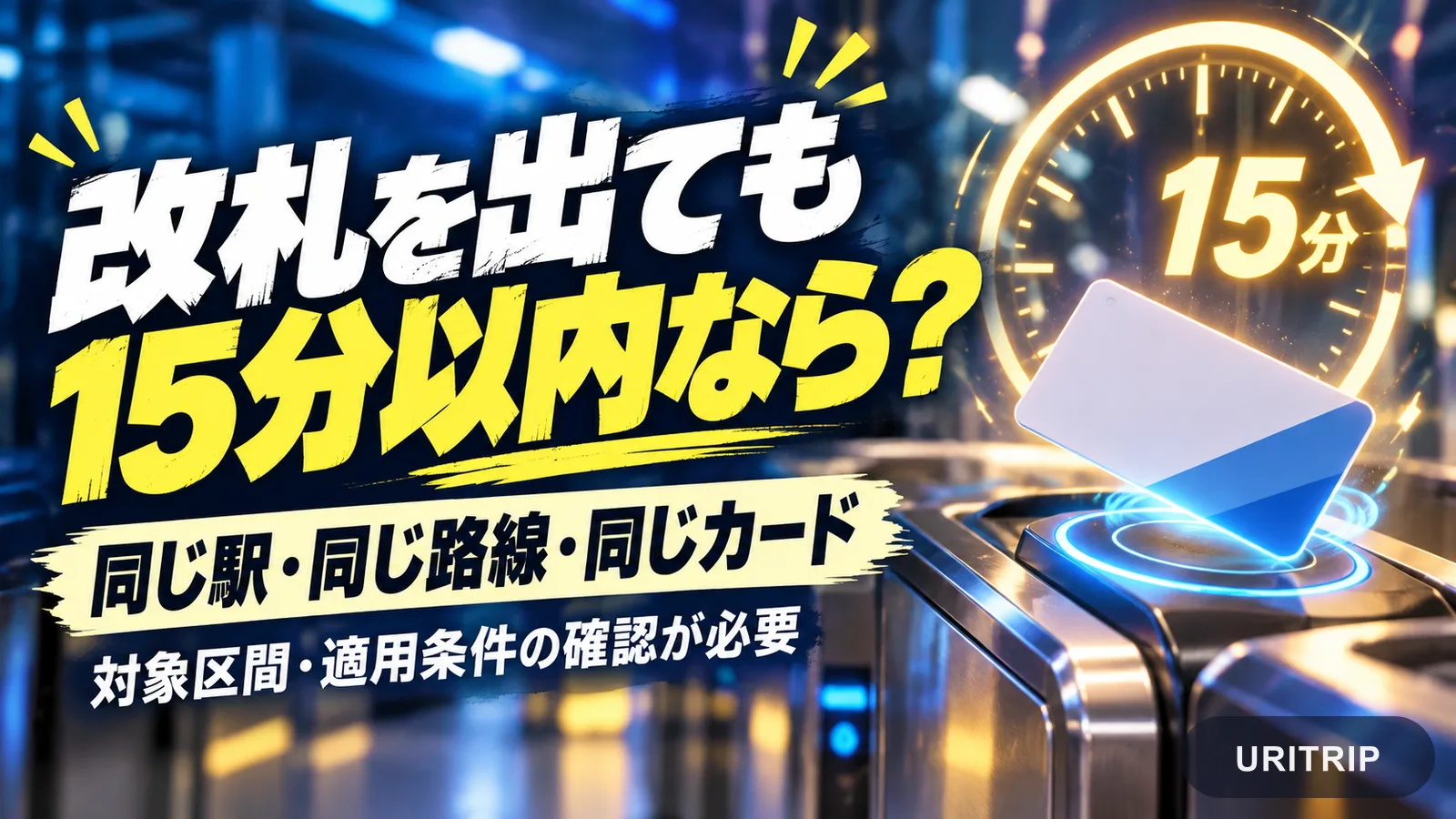 改札機と時計のイメージに、15分以内の再乗車と同じ駅・同じ路線・同じカードという条件を示した画像