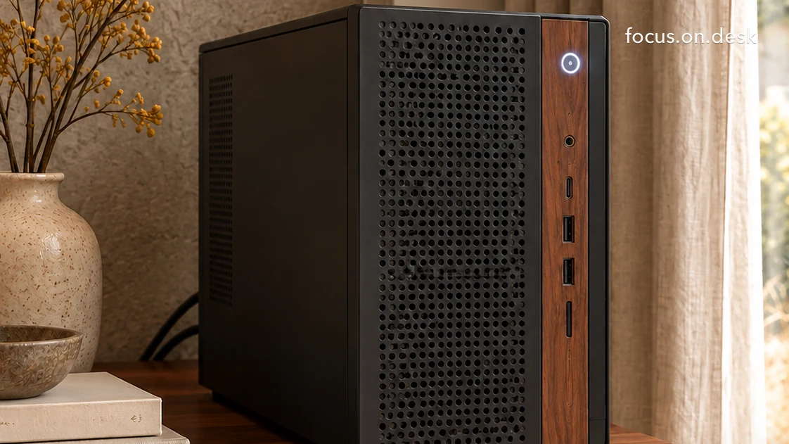 차콜 메시 몸체에 월넛 패널을 더한 PC 케이스, 상판과 같은 나무색을 반복한 예
