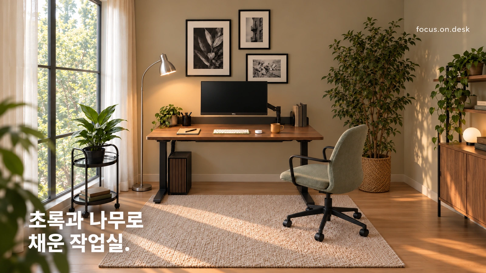 짙은 상판을 밝은 커튼과 러그가 둘러싼 색상 구성