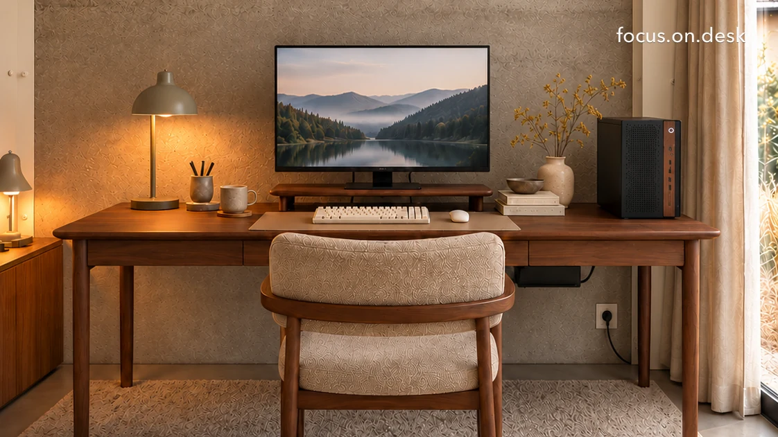 월넛 책상 오른쪽 끝에 PC 본체를 올리고 책상 아래 다리 공간을 비운 정면 배치
