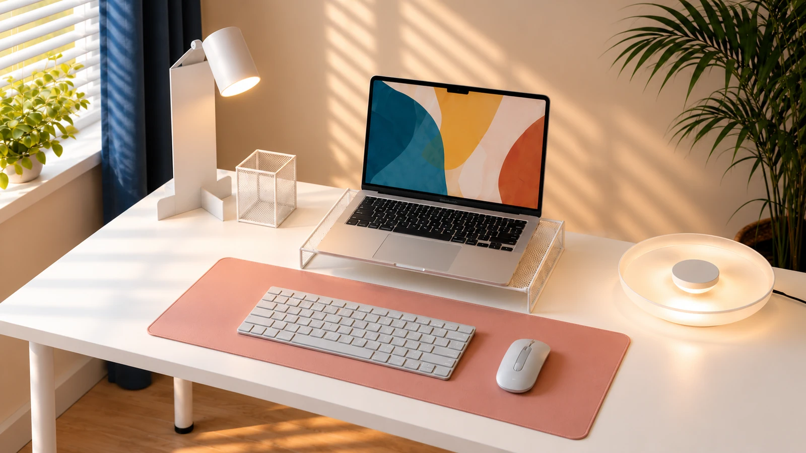 A color combination created by a rose-colored mat and a light gray input device.