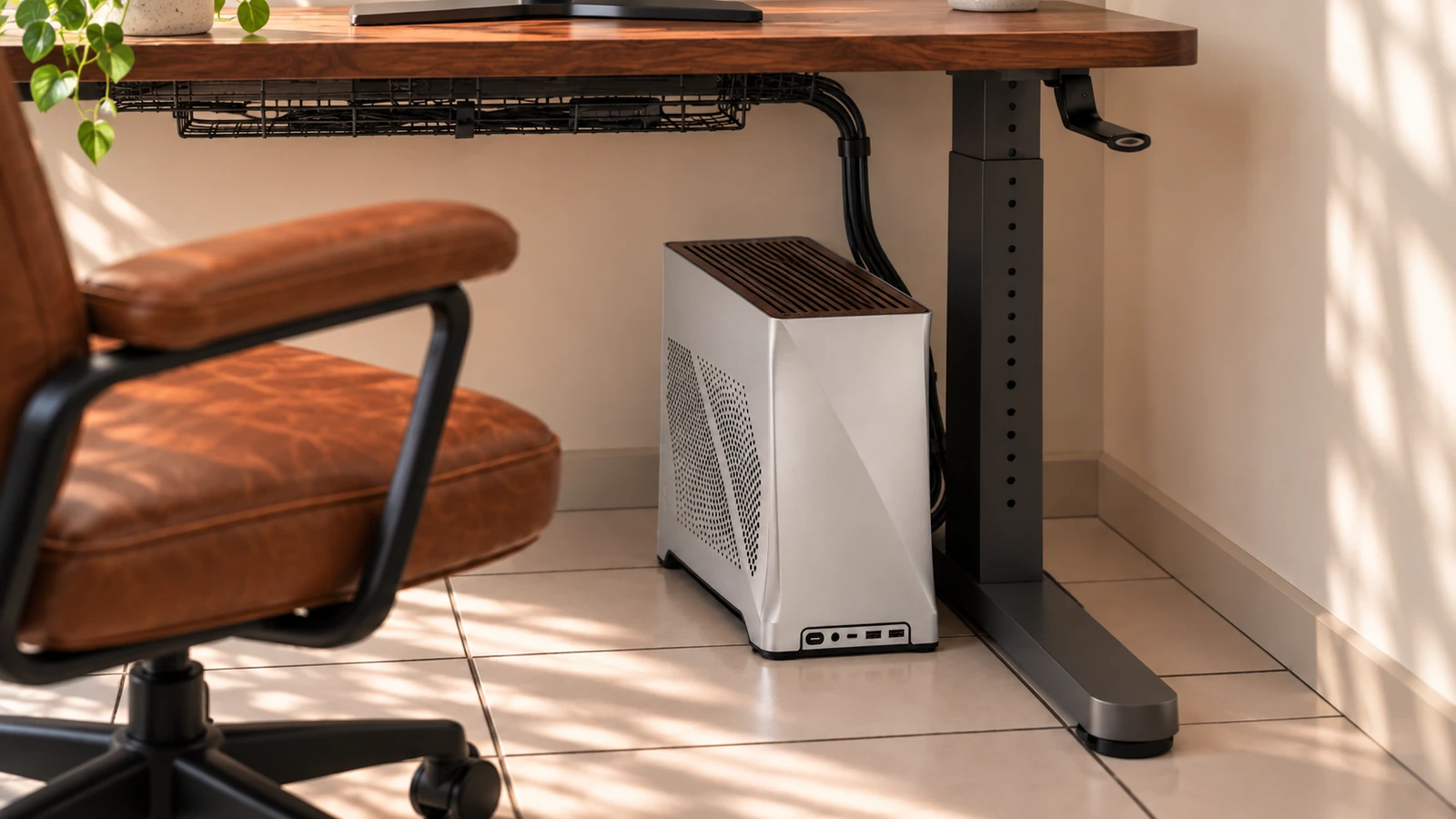 I placed PC close to the edge, leaving room for my feet and chair to move.