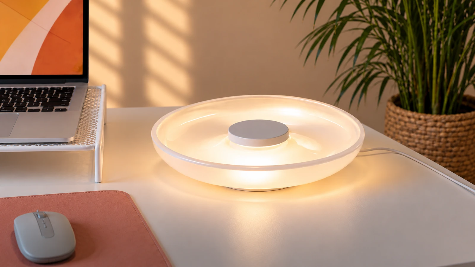 A round wireless charging light design placed as a point on the right side of the desktop.