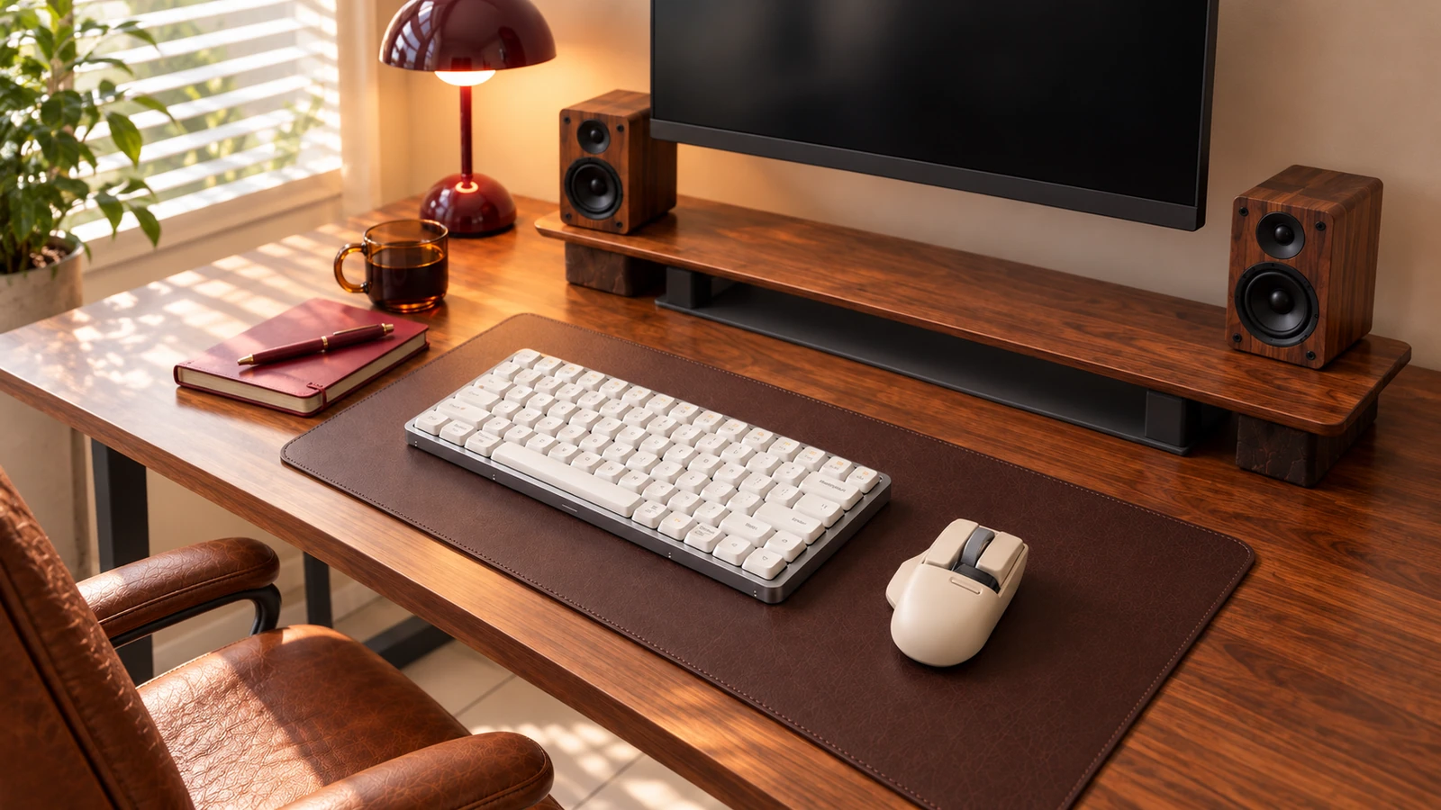 The bright input device was placed on the mat, and the cups and writing props were divided to the sides.