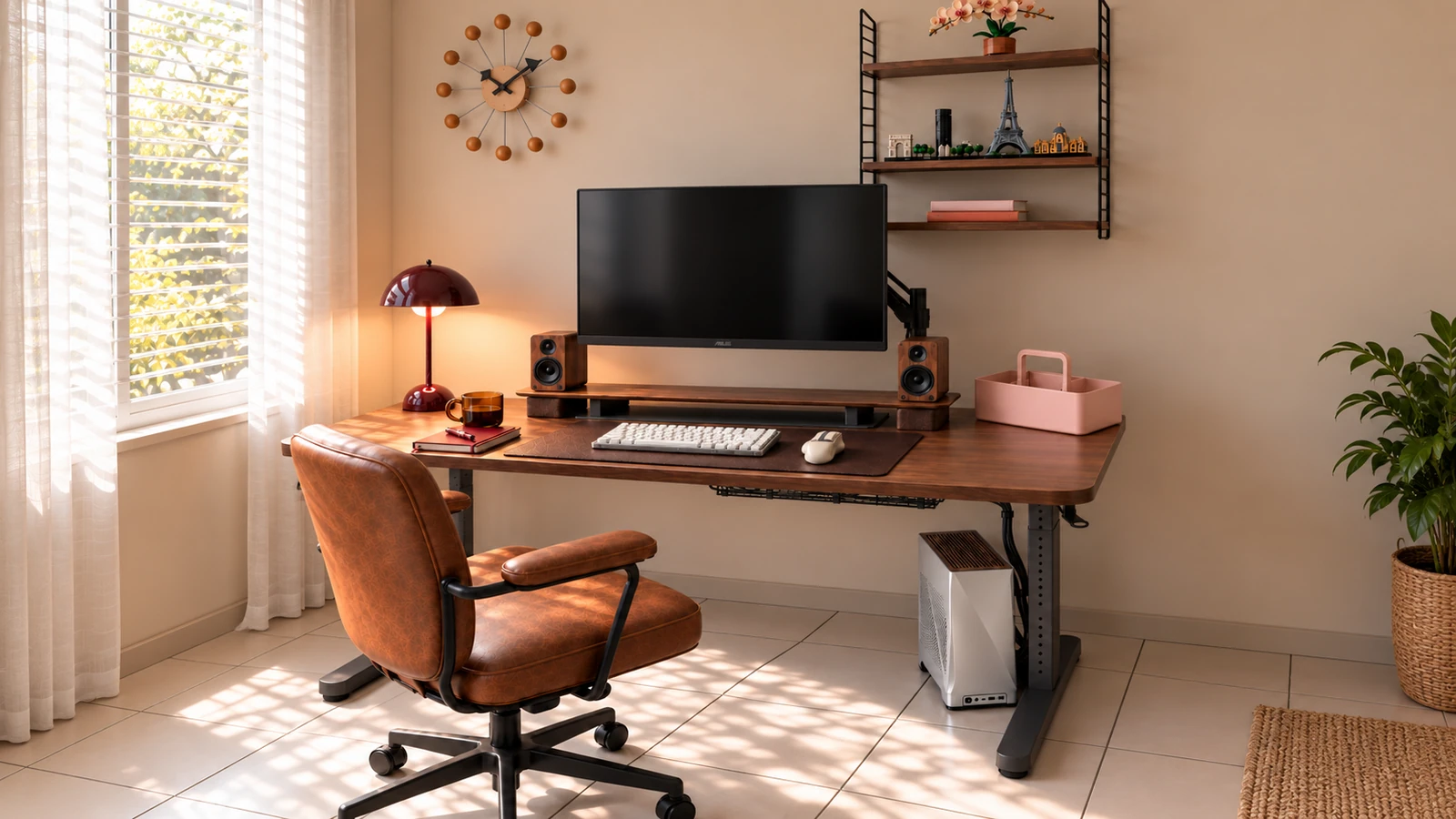 I organized the input device and writing space together in a color combination of wood and burgundy.