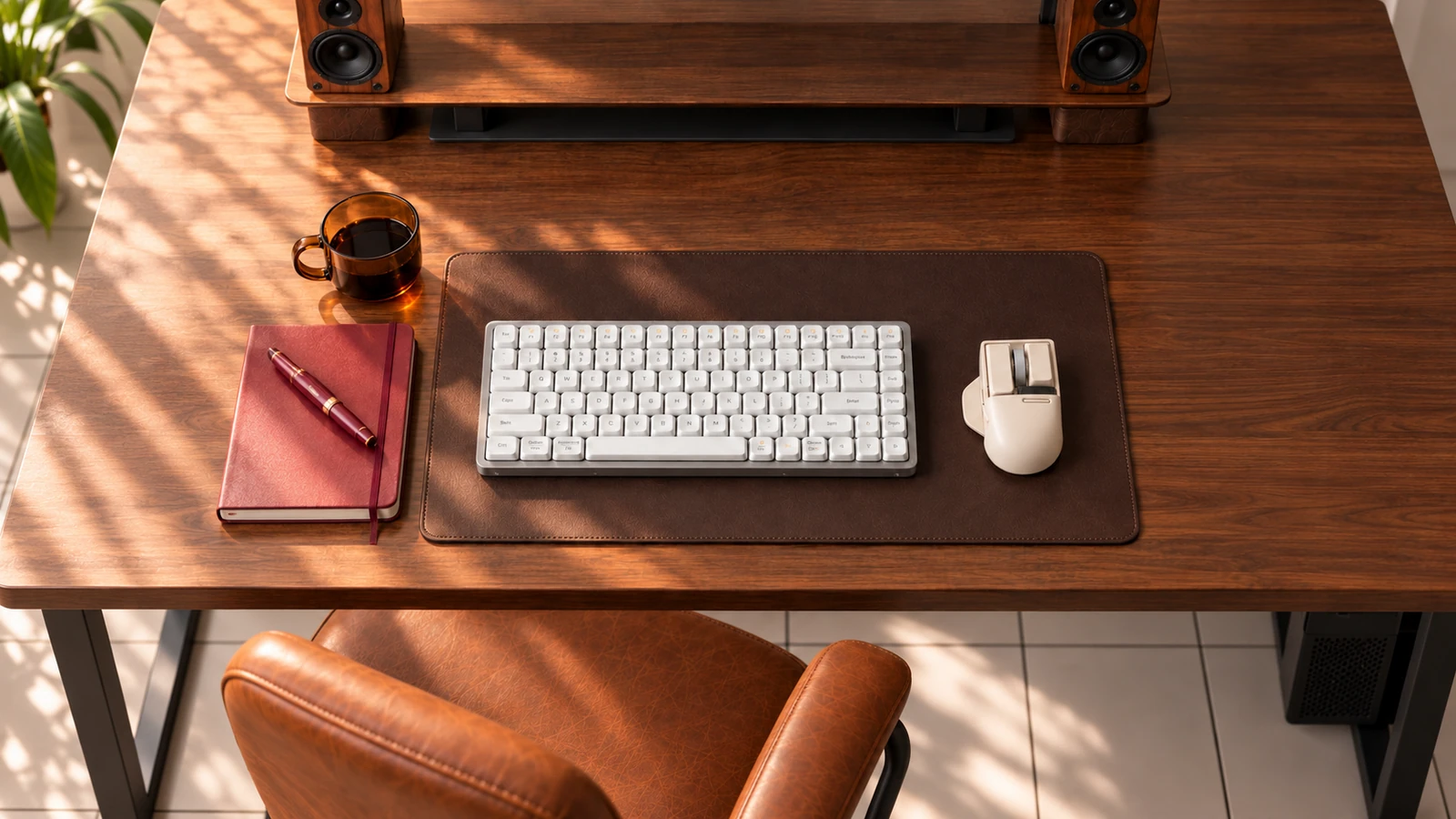 The space for the keyboard and mouse is divided into brown mats.