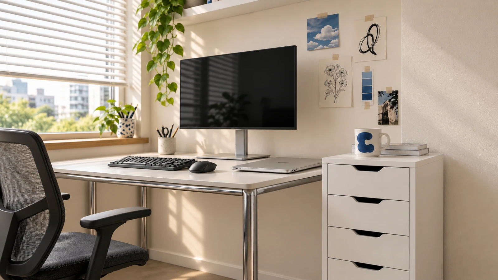 Small work space decorated in ivory, chrome, and blue