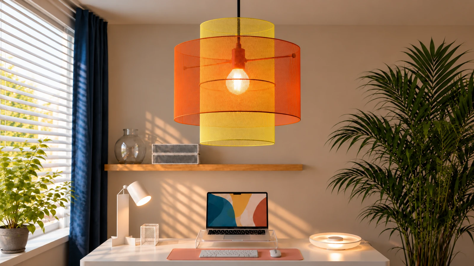 Rose-colored desktop accents and mesh pendants placed at different heights.