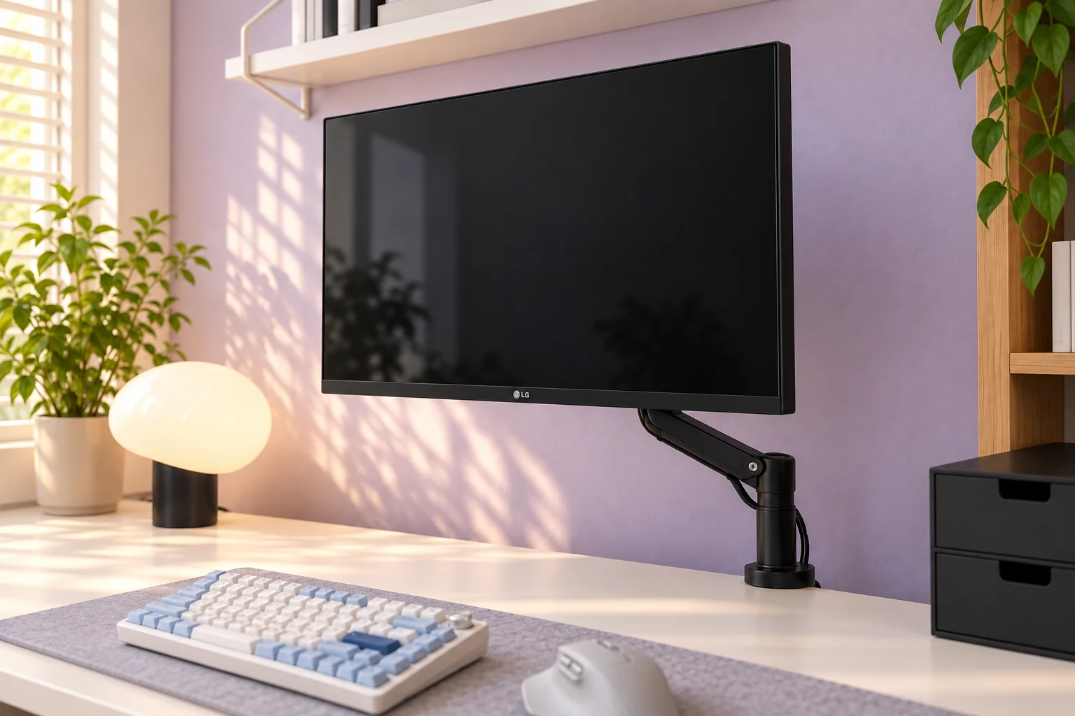 LG 27UP850K를 참고한 화면과 블랙 모니터암 배치 시안 · 모니터암 별도