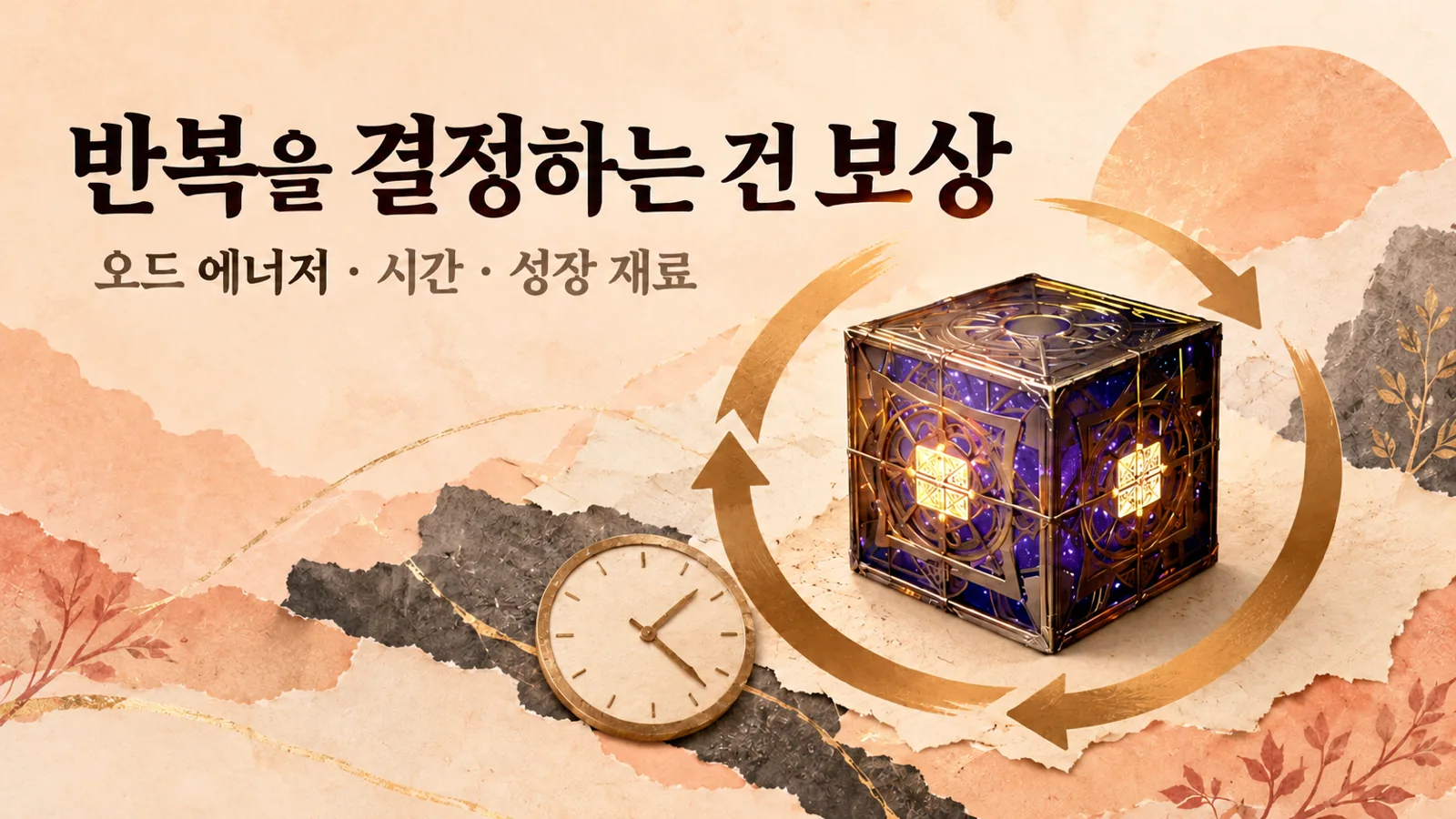 공식 보상 큐브 이미지에 순환 화살표와 시계를 배치해 오드 에너지와 시간 효율이 반복 파밍에 미치는 영향을 표현한 이미지