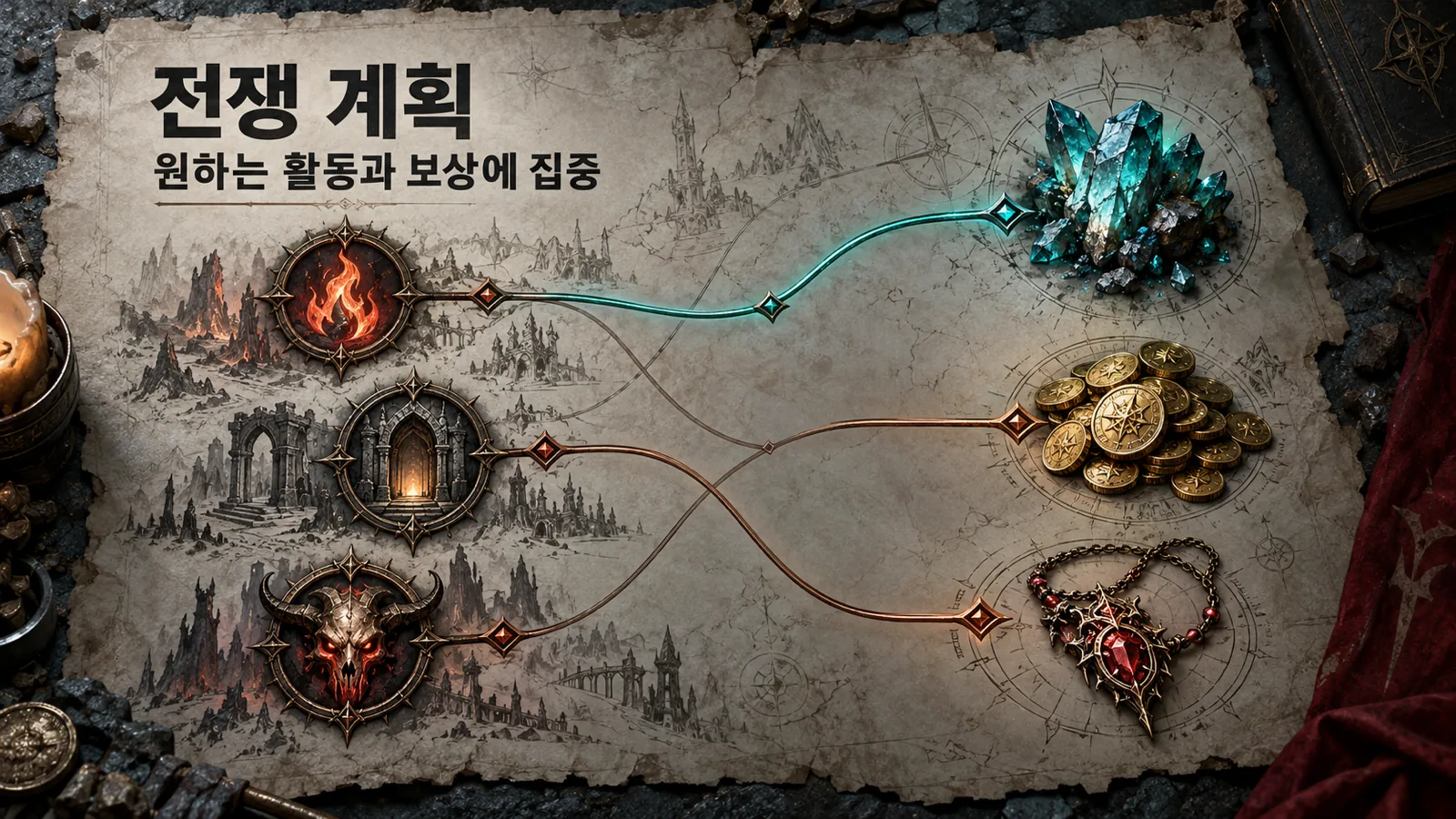 활동을 상징하는 불꽃과 던전, 악마 문양에서 재료와 금화, 장신구로 길이 이어지는 전쟁 계획 개념 이미지