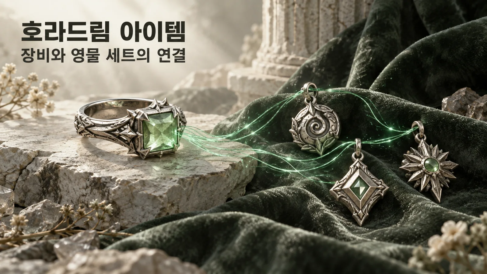 연녹색 보석 반지와 세 부적을 빛으로 연결해 장비와 영물 세트의 관계를 표현한 생성 개념 이미지