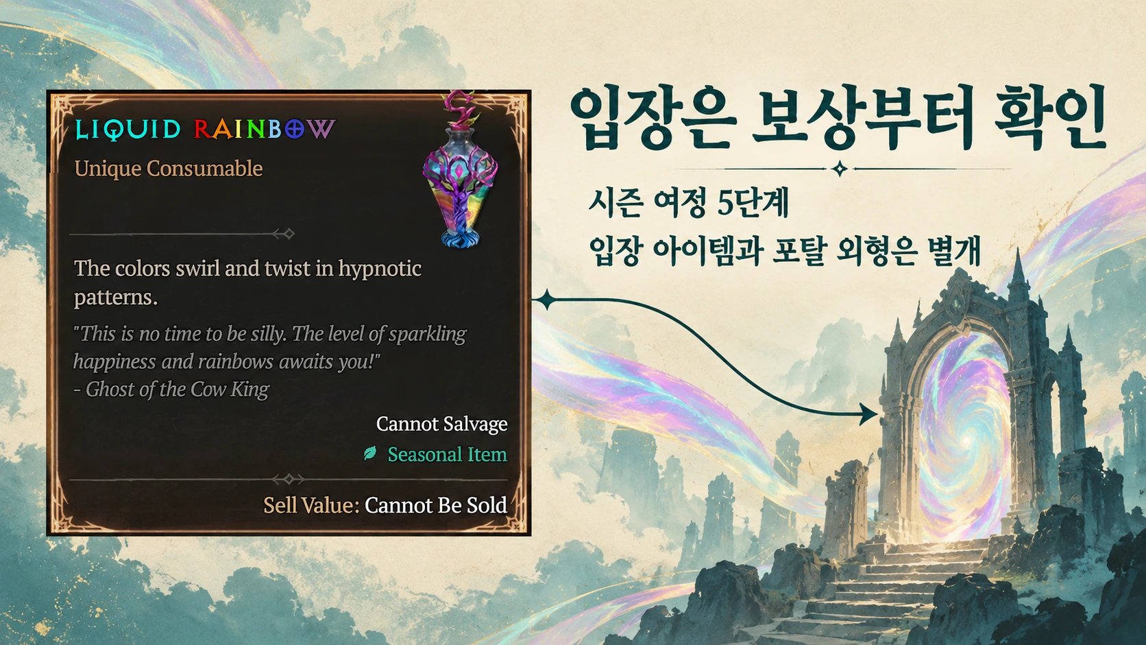 Liquid Rainbow 아이템 화면과 시즌 여정 5단계 보상을 먼저 확인하라는 설명을 배치한 이미지