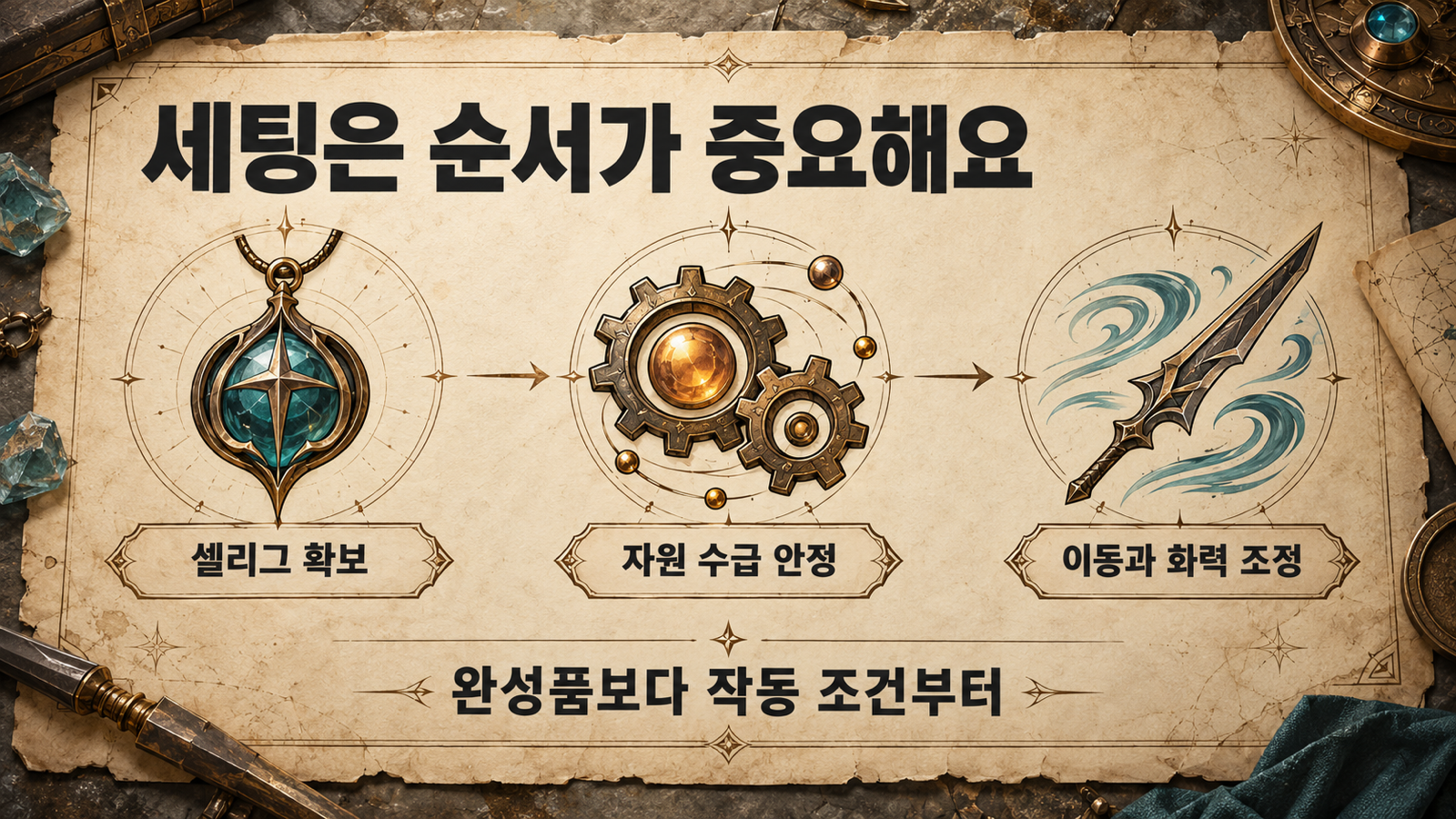 셀리그 확보 뒤 자원 수급을 안정시키고 이동과 화력을 조정하는 세팅 순서