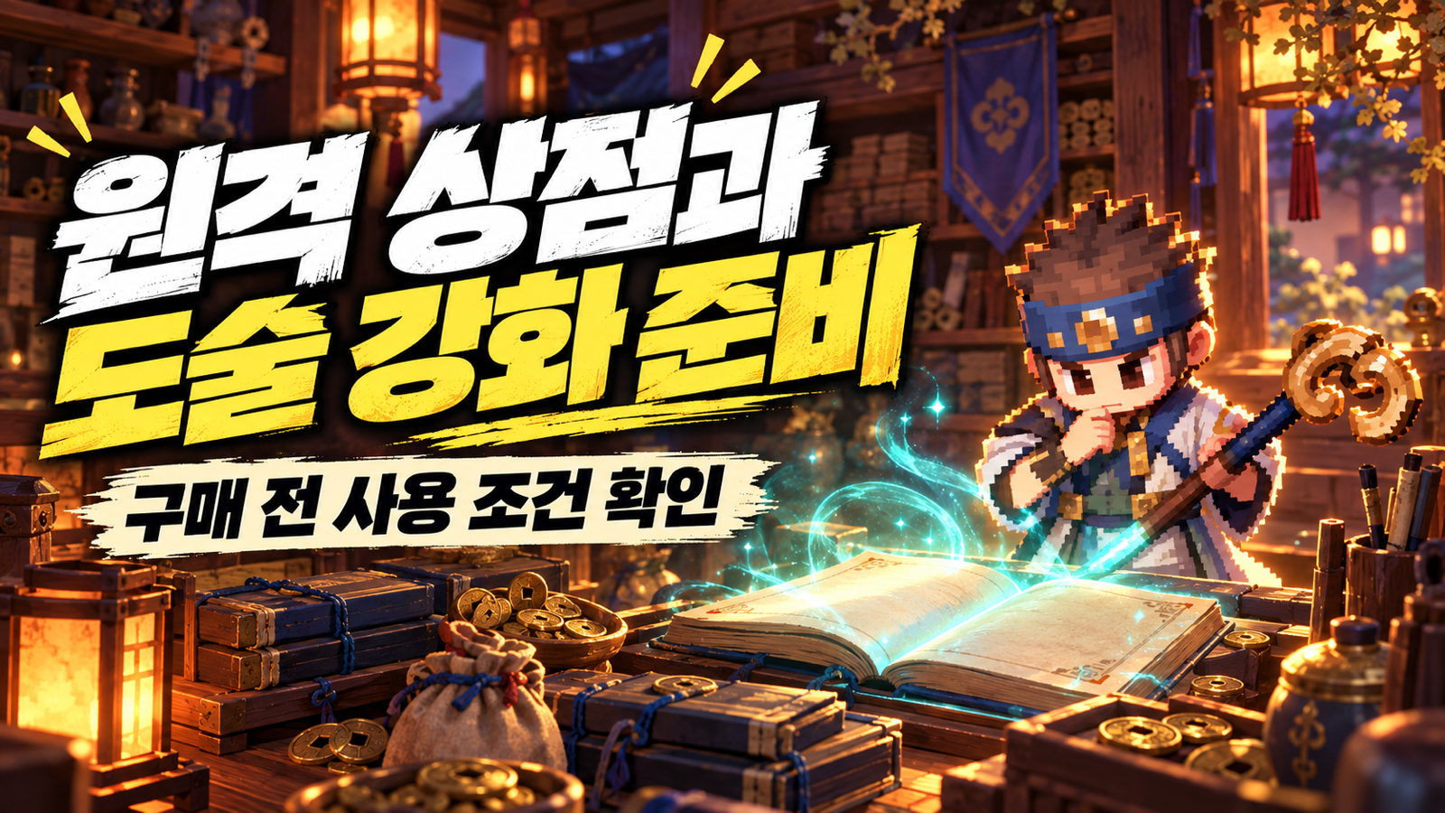 등불이 켜진 상점과 도술 책으로 표현한 원격 상점 구매 및 강화 조건 확인