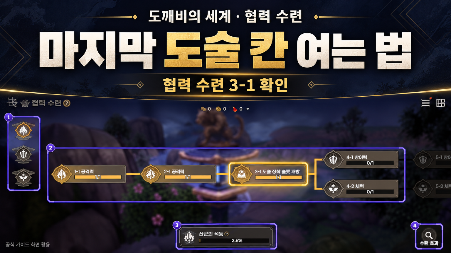 도깨비의 세계 산군의 석등 협력 수련 3-1 도술 장착 슬롯 개방 항목