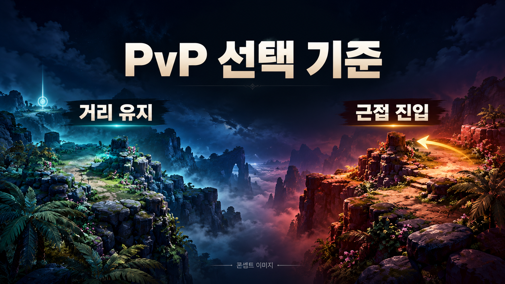 거리 유지와 근접 진입을 비교하는 PvP 선택 기준 콘셉트 이미지