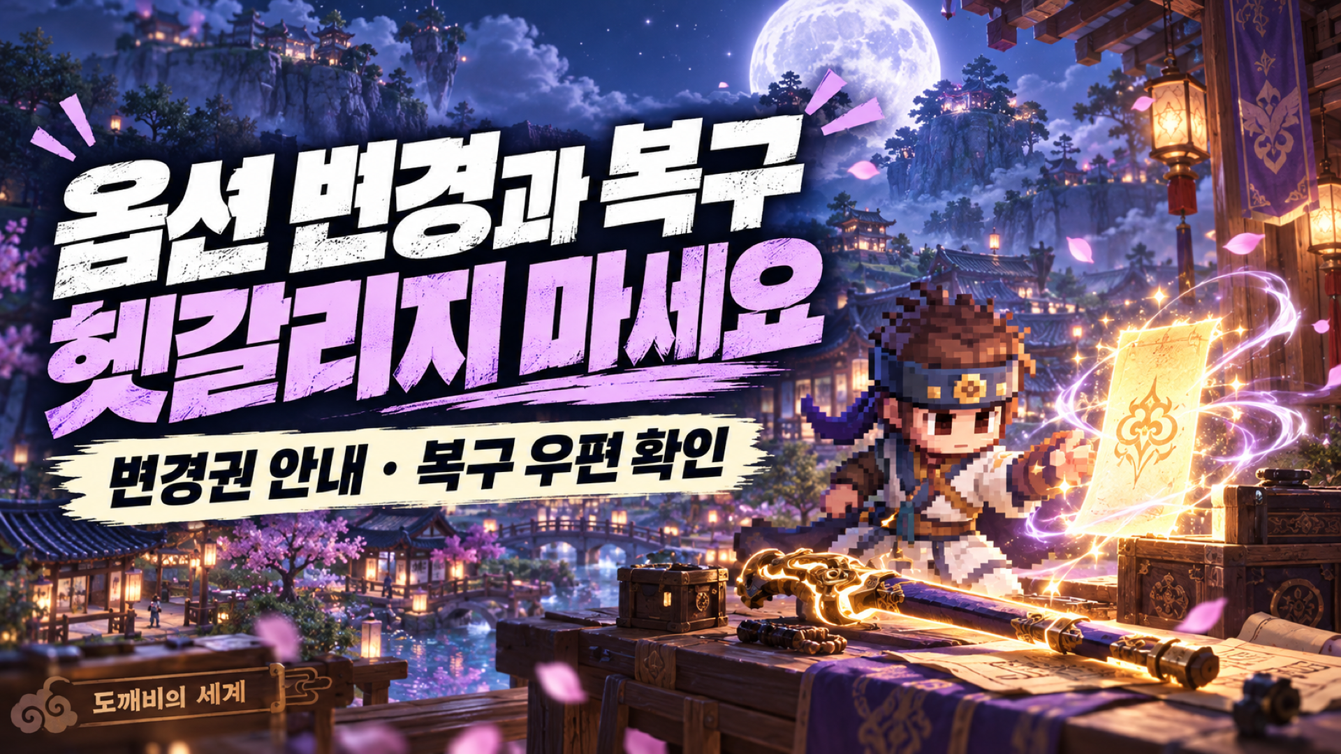 추가 효과 변경권의 지급 안내와 영웅 장비 복구 우편을 구분해서 확인하는 안내