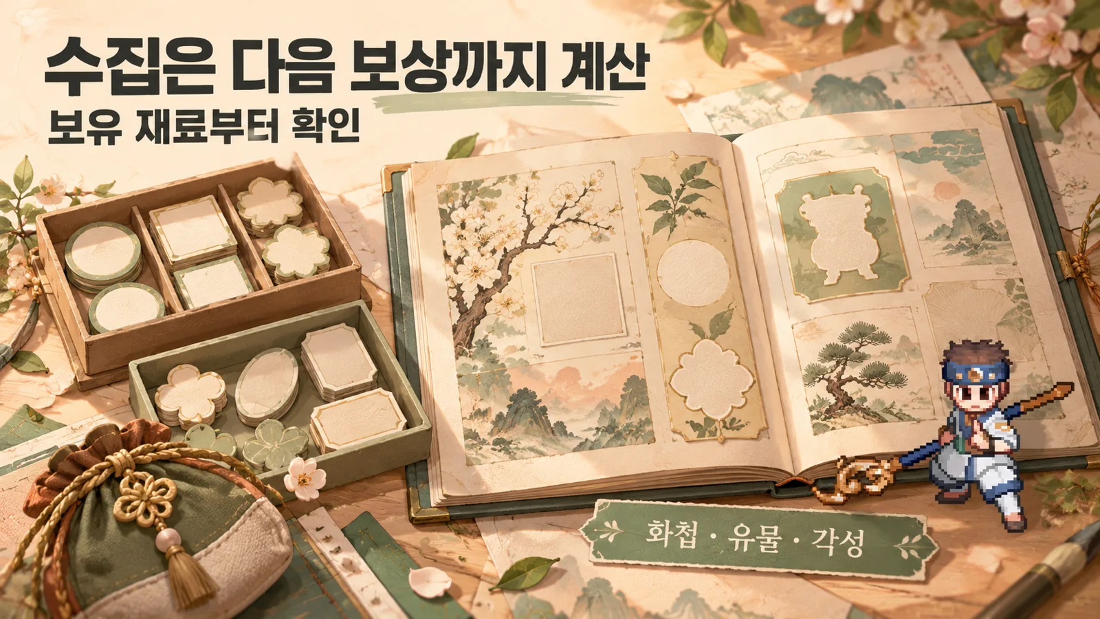 열린 수집 도감과 재료 보관함을 배치해 화첩과 유물 및 각성에 보유 재료부터 활용하도록 설명하는 이미지