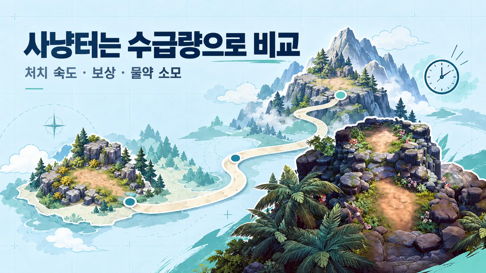 서로 다른 높이의 사냥터와 시계를 배치해 처치 속도와 보상 및 물약 소모를 비교하는 개념 이미지