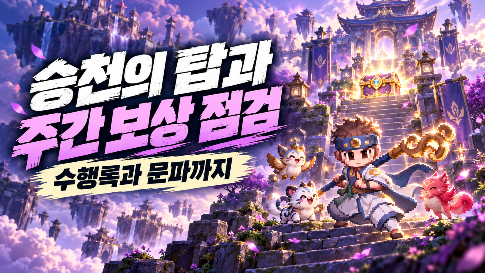 보랏빛 탑과 보상 상자로 표현한 승천의 탑 및 주간 보상 점검
