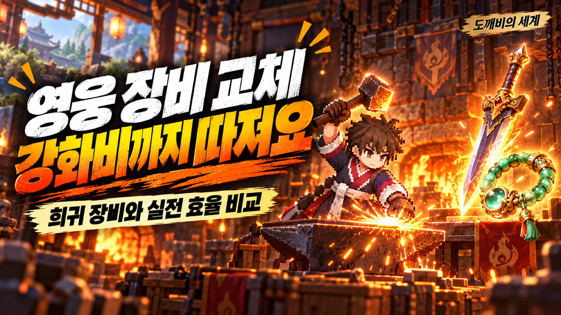 영웅 장비로 교체하기 전에 희귀 장비의 성능과 제작 및 강화 비용을 비교하는 안내