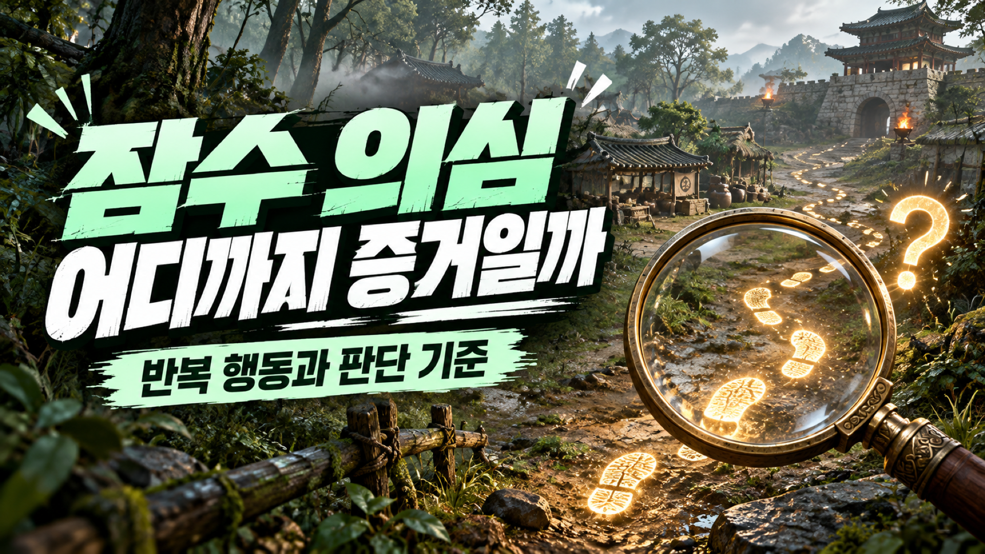 안개 낀 거상풍 마을과 돋보기로 반복 행동의 증거를 살펴보는 썸네일