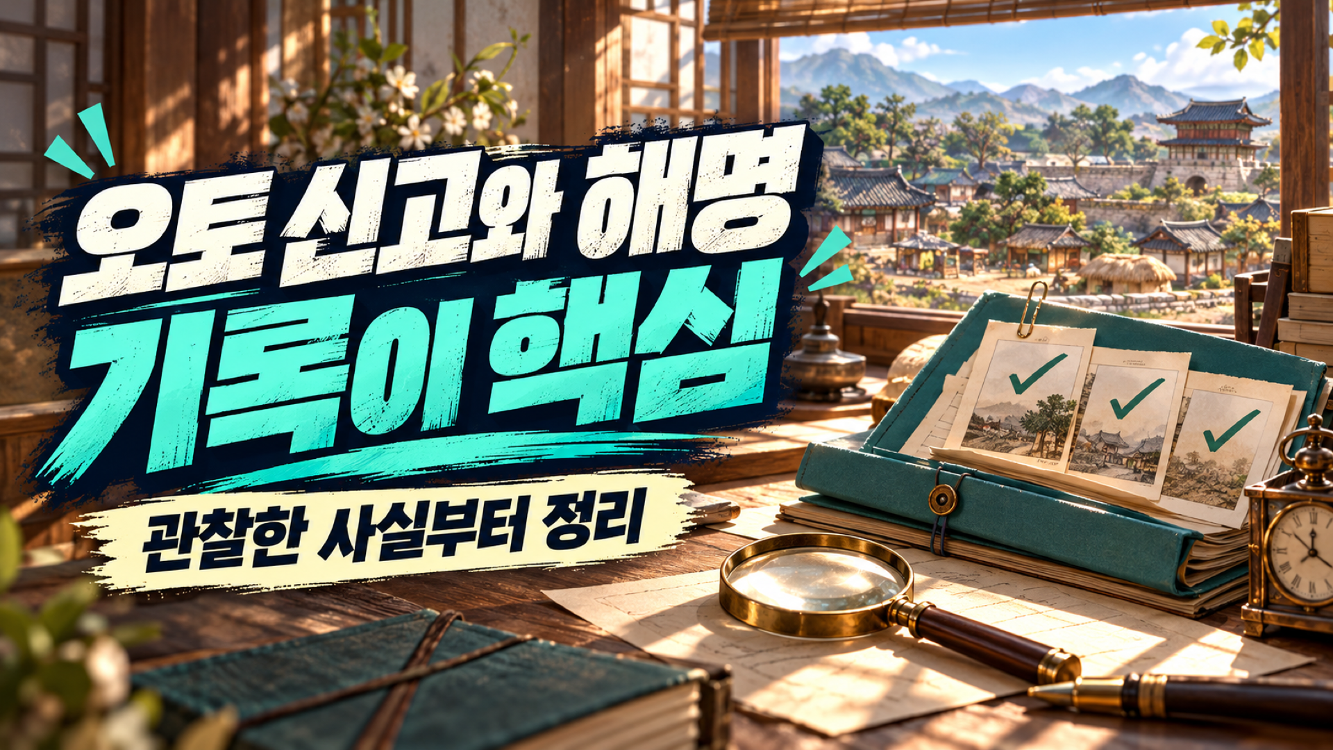 밝은 한옥 서재의 문서와 시계를 배경으로 한 오토 신고와 해명 기록 썸네일