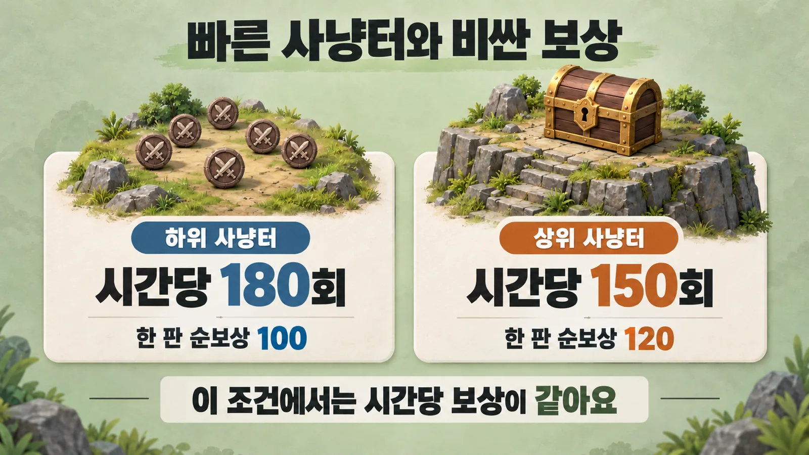 하위 사냥터 180회와 한 판 순보상 100, 상위 사냥터 150회와 순보상 120의 시간당 보상이 같음을 보여주는 가상 비교