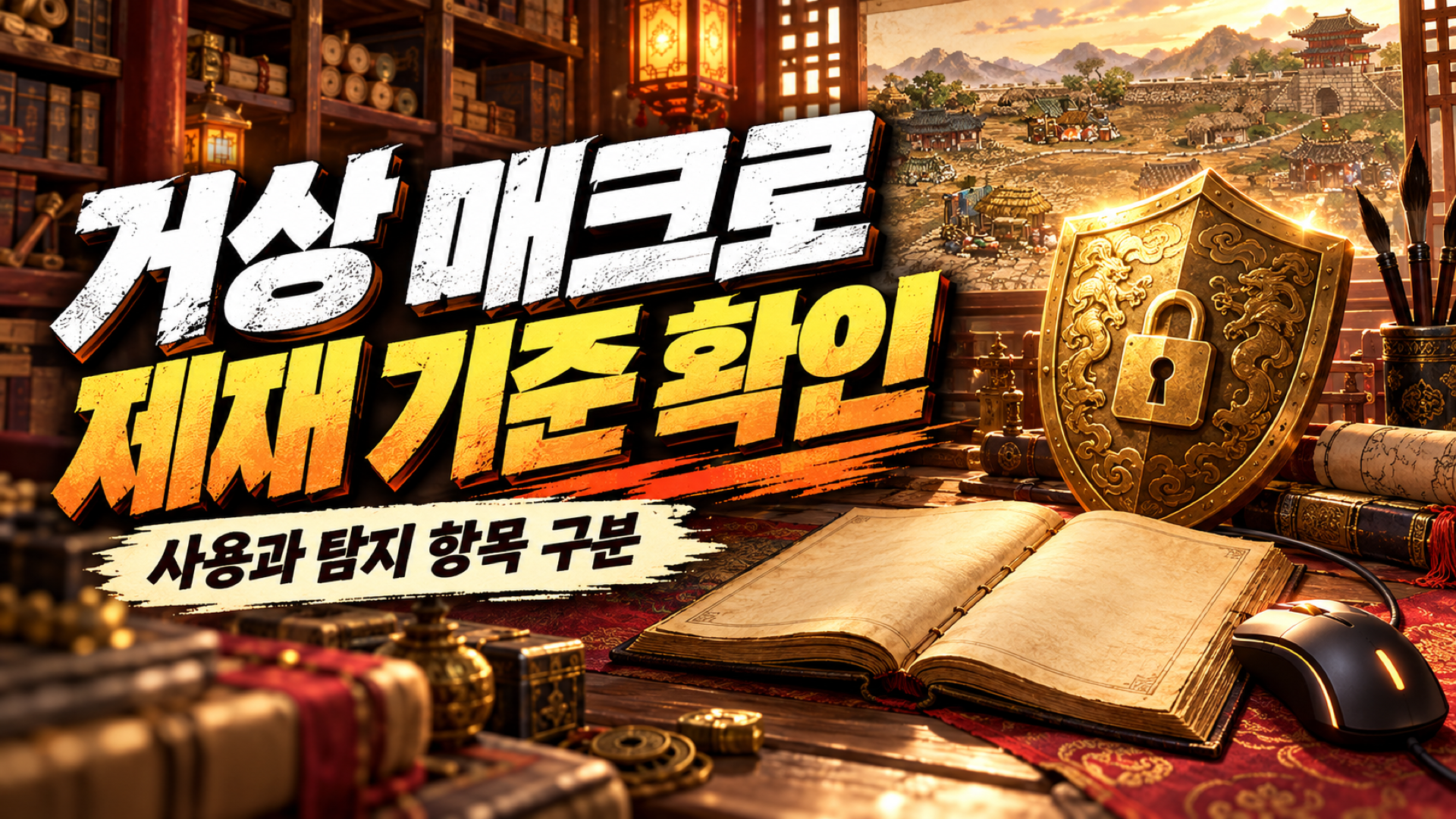 붉은 서고의 규정 문서와 방패를 배경으로 한 거상 매크로 제재 기준 썸네일