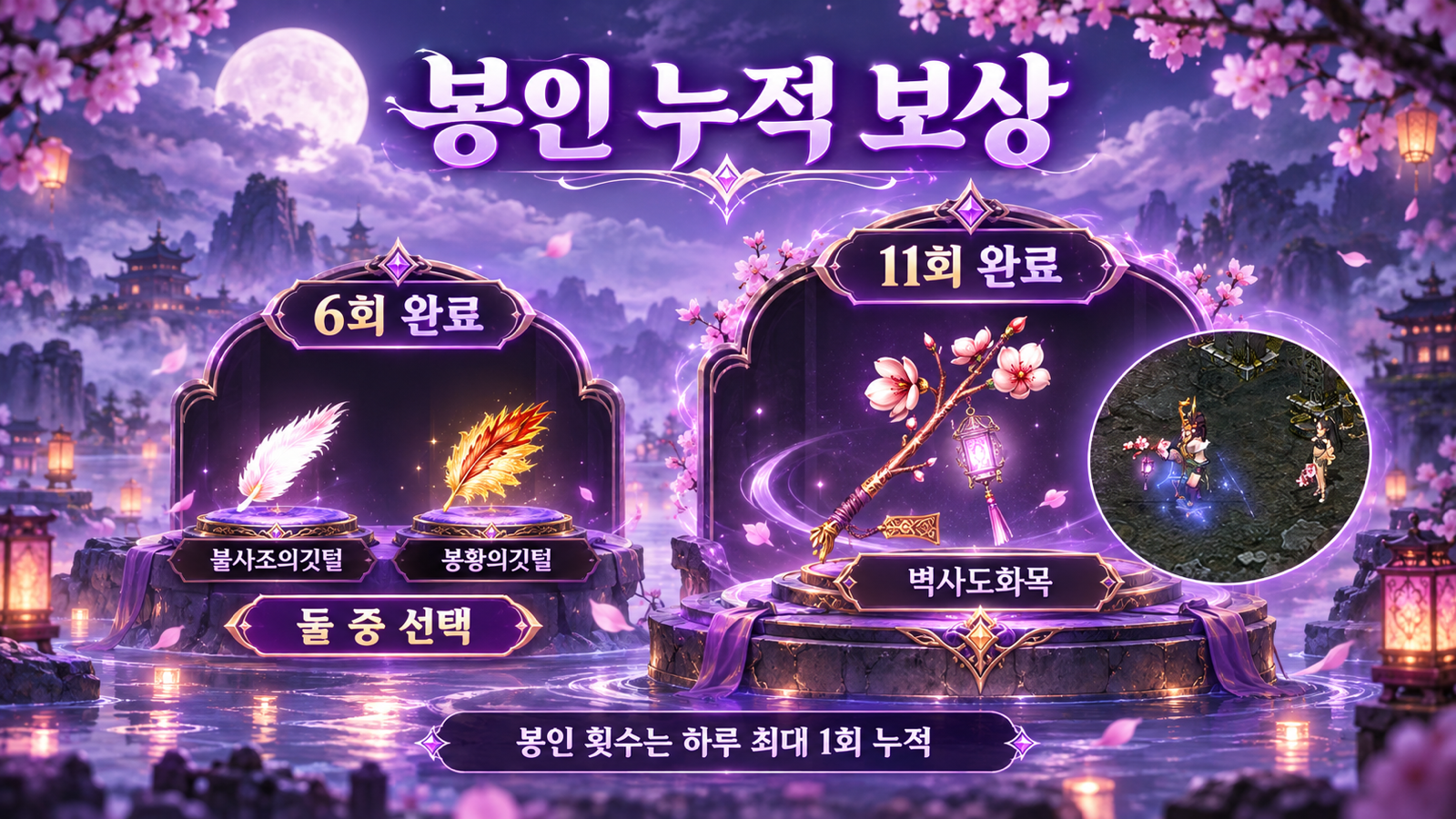 봉인 누적 6회 선택 보상과 11회 벽사도화목 보상을 구분한 안내 이미지