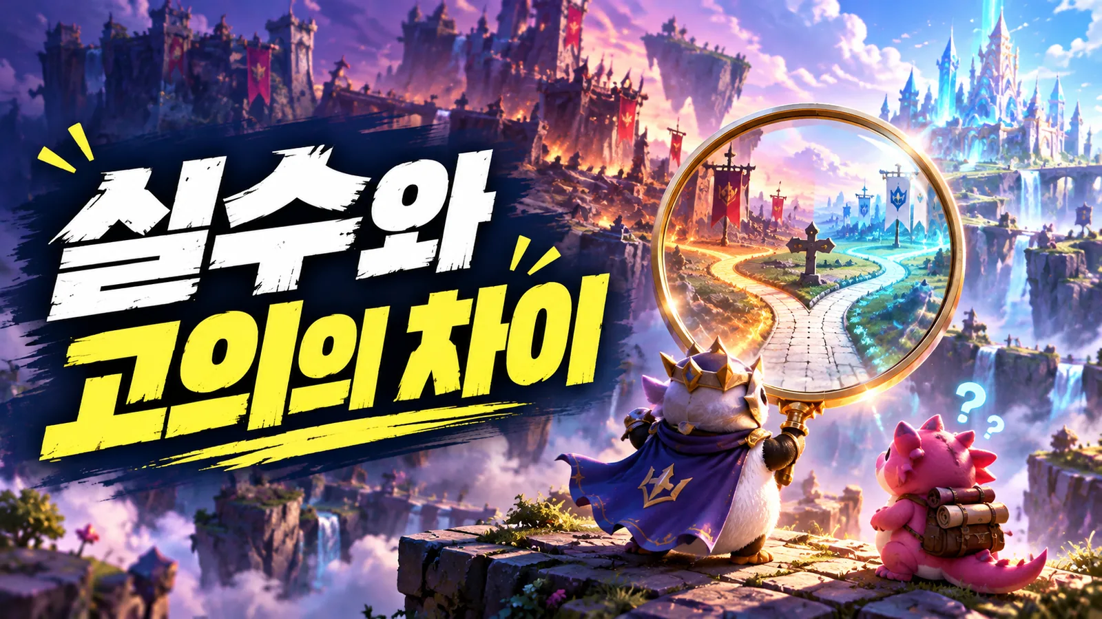 돋보기로 갈림길을 살펴보는 캐릭터들과 실수와 고의의 차이라는 문구