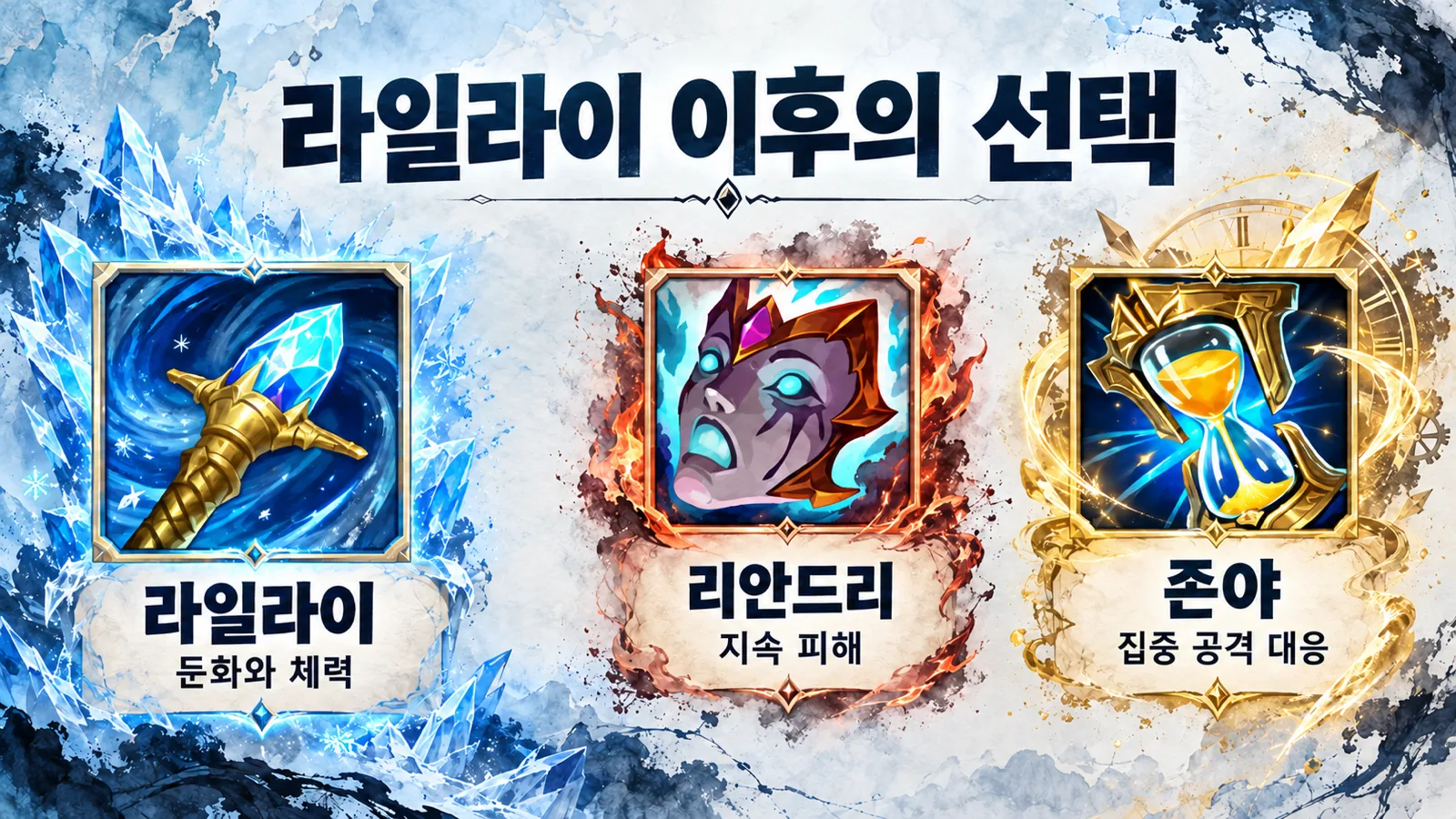 라일라이의 둔화와 체력, 리안드리의 지속 피해, 존야의 집중 공격 대응 역할을 공식 아이템 이미지로 비교한 합성 이미지