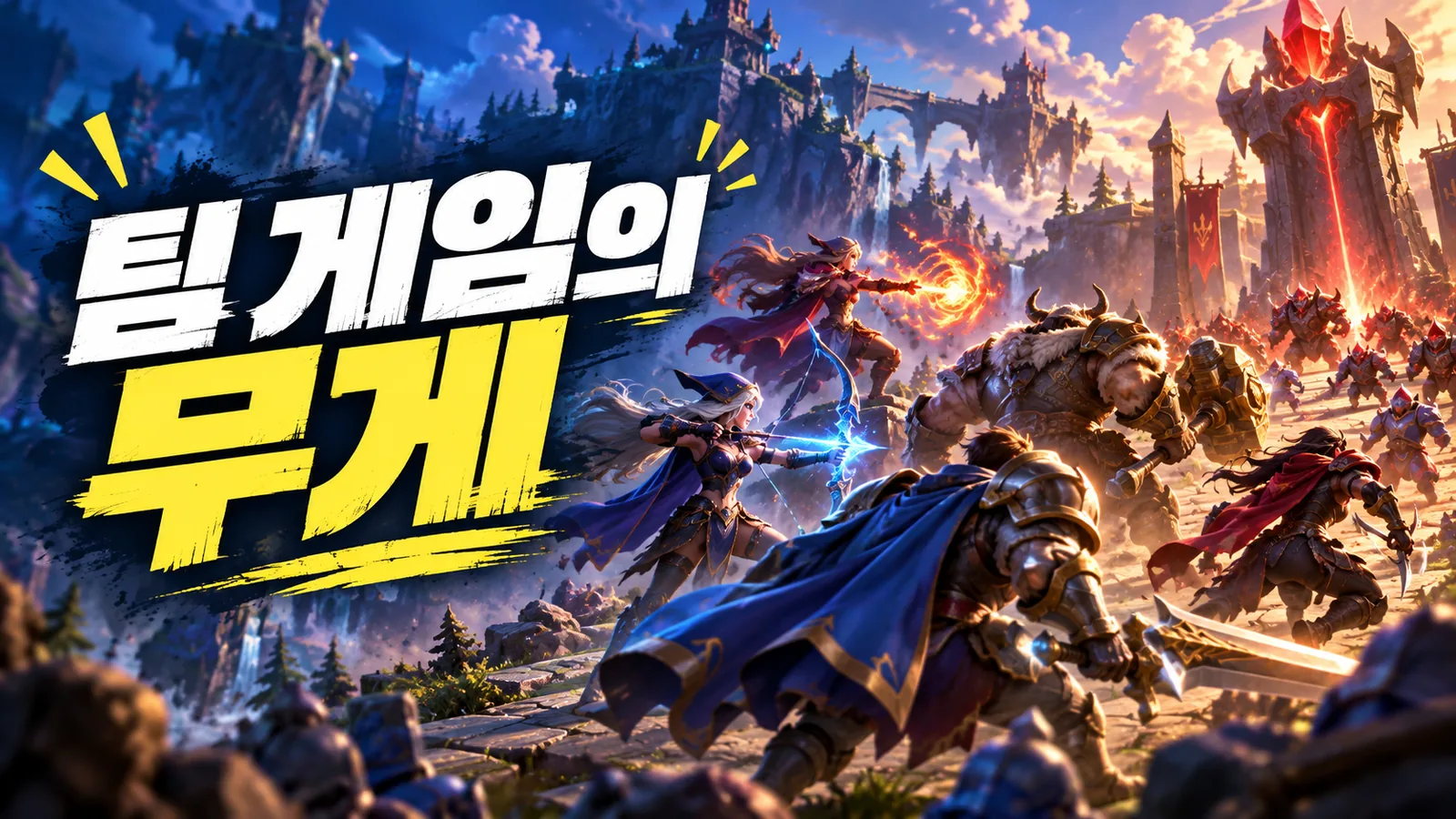 판타지 전장에서 함께 싸우는 캐릭터들과 팀 게임의 무게라는 문구