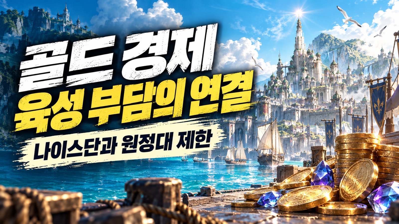 공식 항구 도시 아트워크와 금화를 활용해 골드 경제와 육성 부담을 표현한 썸네일