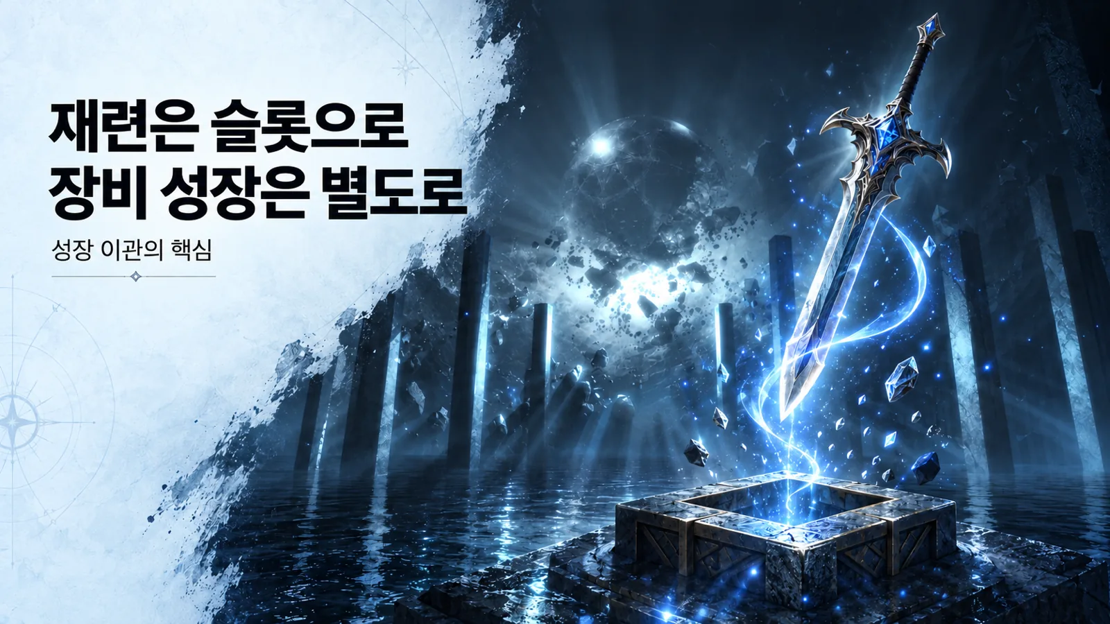 검에서 석재 슬롯으로 푸른 빛이 이어지며 재련 효과 이관과 별도 장비 성장을 설명하는 개념 이미지