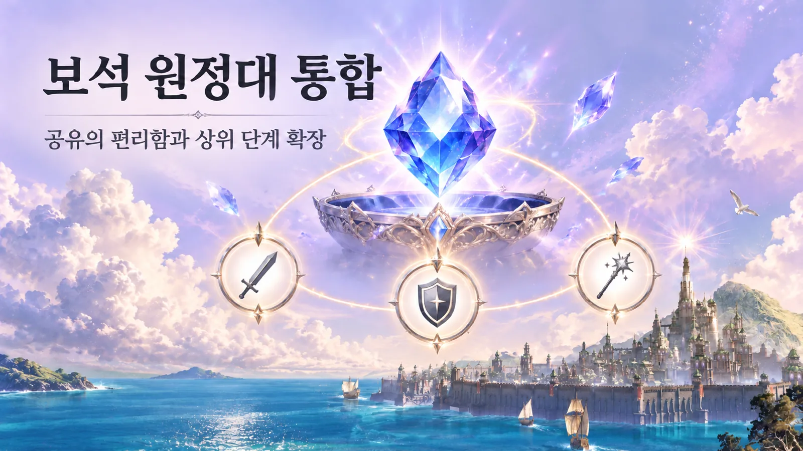 하나의 보석 보관함이 검과 방패, 지팡이 문양으로 연결되어 원정대 공유를 표현한 이미지