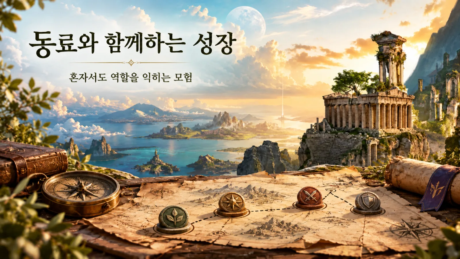 알데바란의 바다를 배경으로 지도 위 네 개의 말과 나침반을 배치해 동료와 함께하는 모험을 표현한 이미지
