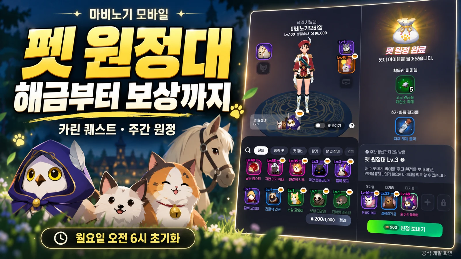 펫 원정대 카린 퀘스트와 주간 원정 월요일 오전 6시 초기화