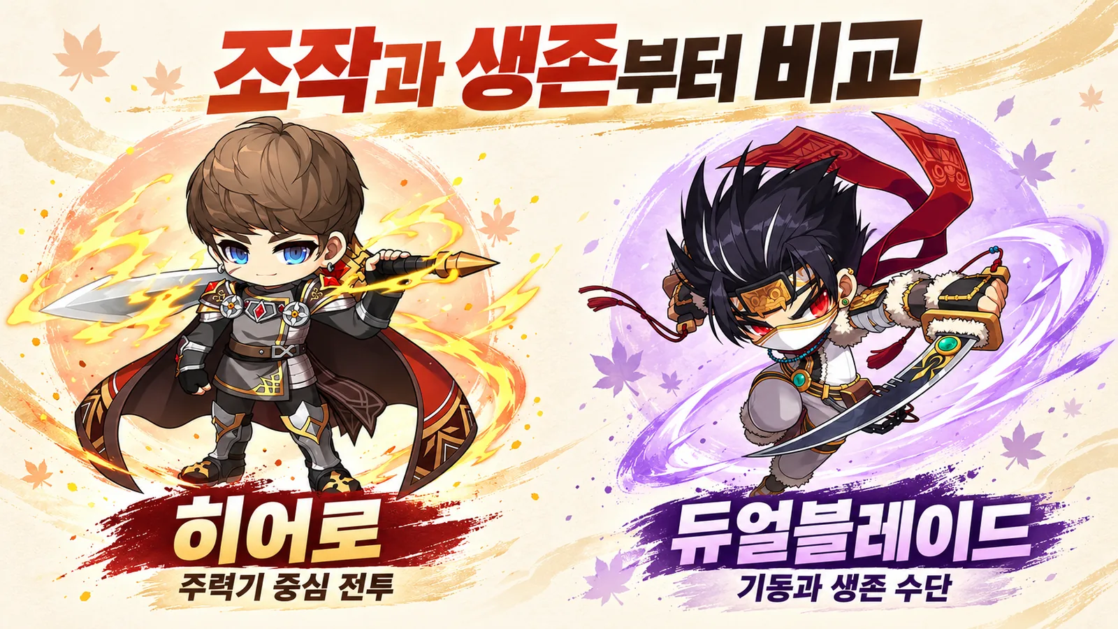 주력기 중심 전투의 히어로와 기동 및 생존 수단을 활용하는 듀얼블레이드를 비교한 이미지