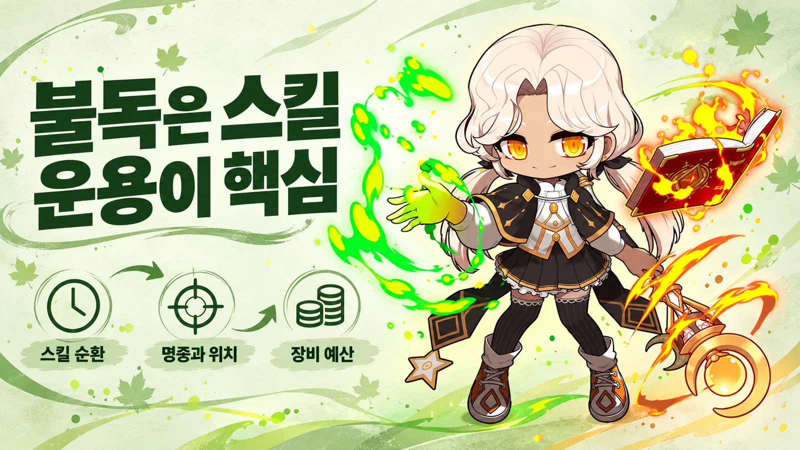 불독 캐릭터와 함께 스킬 순환, 명중과 위치, 장비 예산을 짚어 주는 이미지