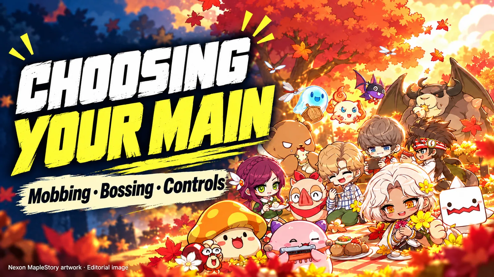 MapleStory characters illustrating main-class choices based on mobbing, bossing, and controls